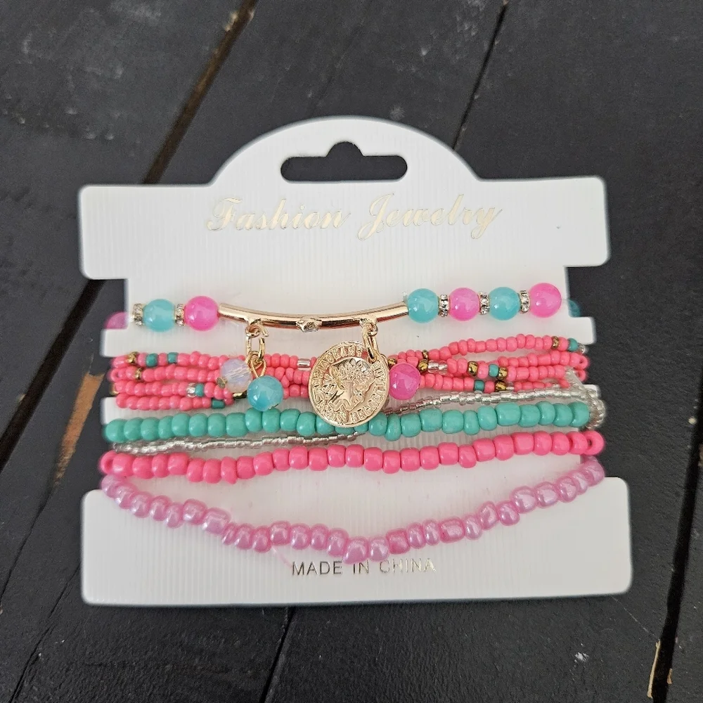 Colorful Beaded Bracelet Set of 9 Charm Jewelry Mix-n-Match Summer Stretchy